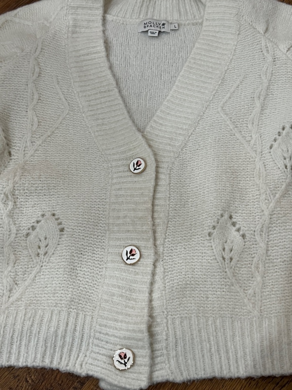 Molly Bracken Off-White Cream Cable Knit Cardigan Cropped V Neck Button Front - Picture 3 of 5